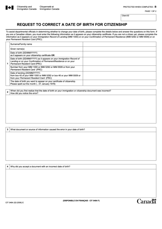 Fillable Form Cit 0464 E - Request To Correct A Date Of Birth For Citizenship 2006 Printable pdf