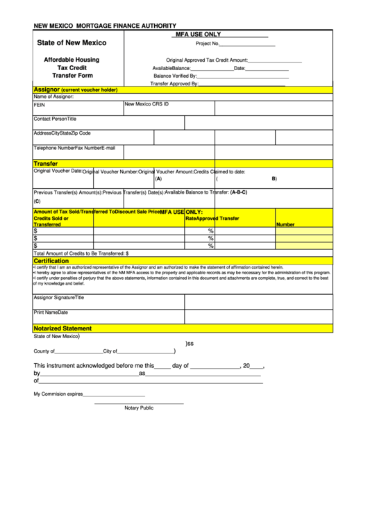 Fillable Affordable Housing Tax Credit Transfer Form Printable pdf