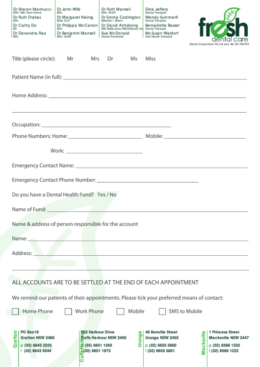Dental Patient Form Printable pdf