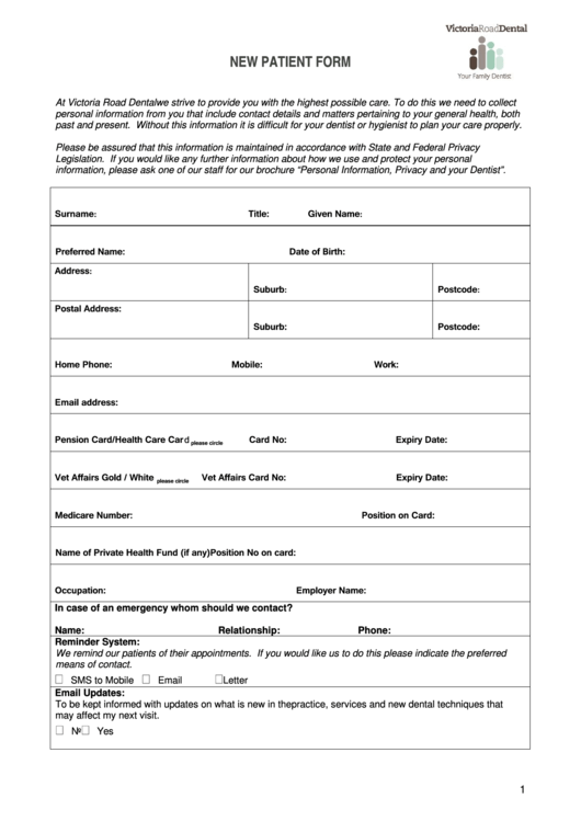 Dental Patient Form printable pdf download