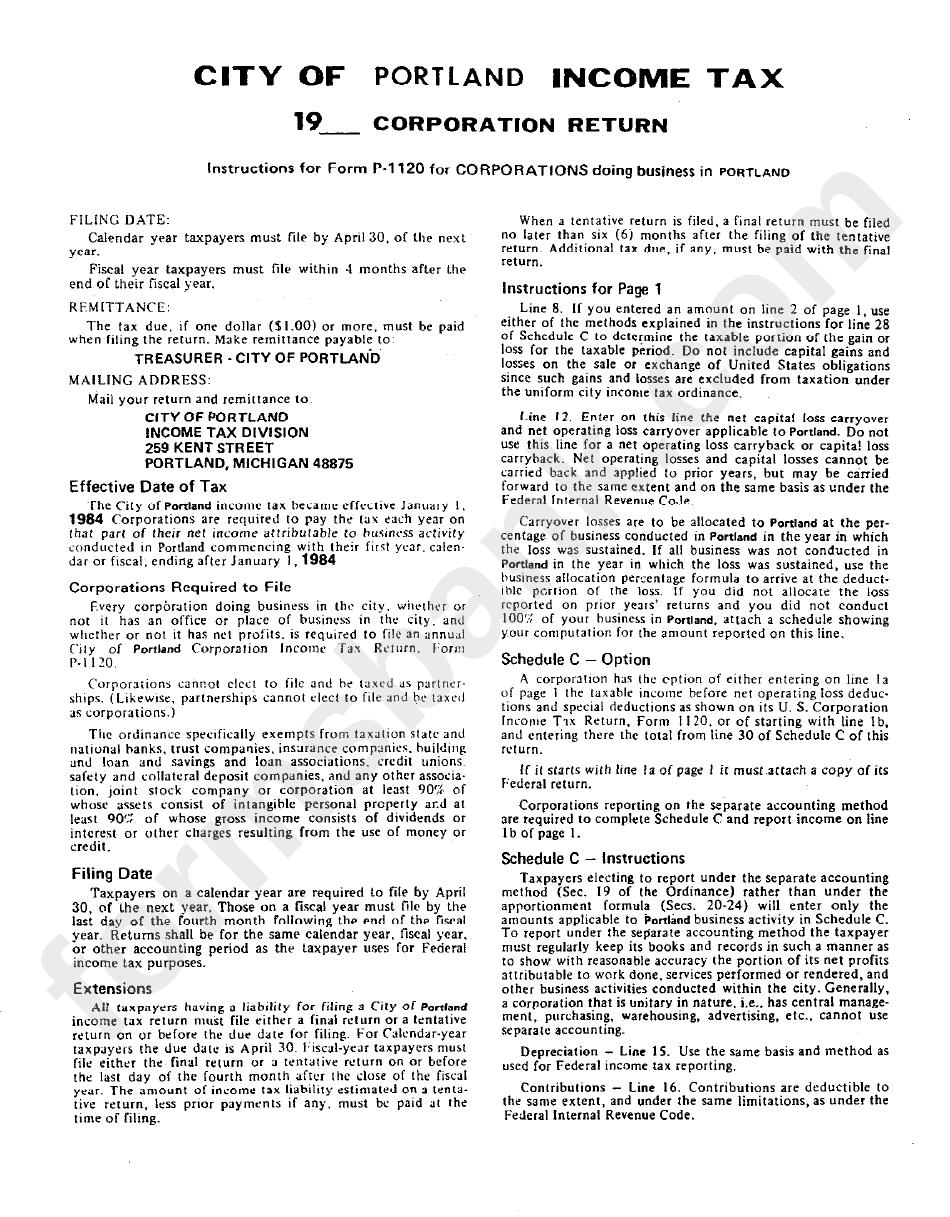 Form P-1120 - Corporation Return Instructions - City Of Portland
