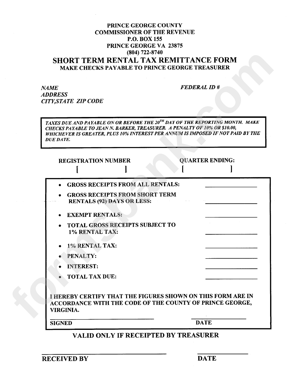 Short Term Rental Tax Remittance Form - State Of Virginia