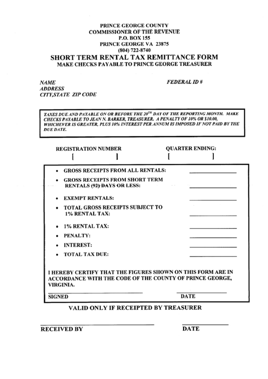 Short Term Rental Tax Remittance Form - State Of Virginia Printable pdf