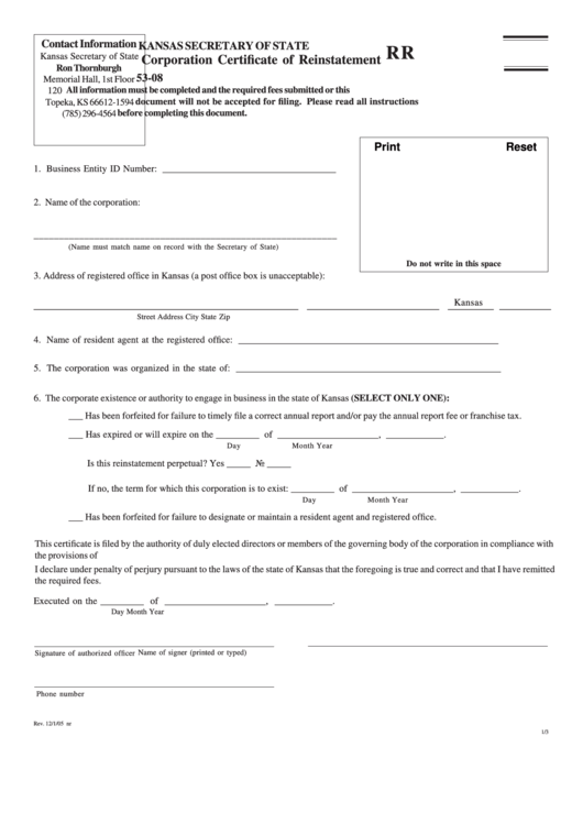 Fillable Form Rr 53-08 - Corporation Certificate Of Reinstatement Printable pdf
