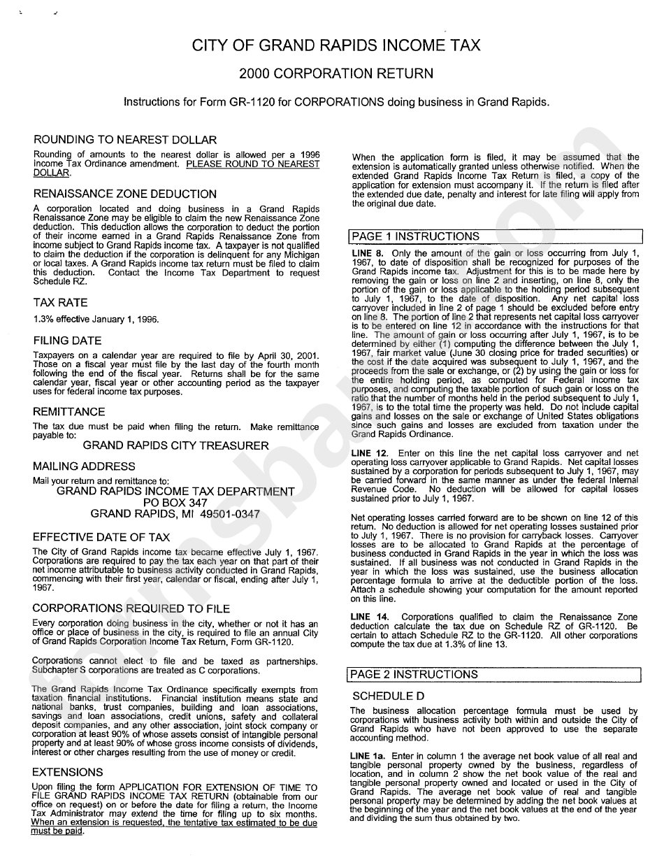 Form Gr-1120 - City Of Grand Rapids Income Tax - 2000 Corporation Return - Instructions