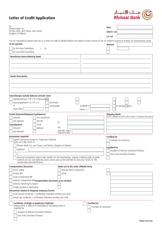 Letter Of Credit Application printable pdf download