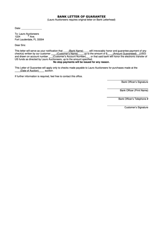 Bank Letter Of Guarantee Template Printable pdf