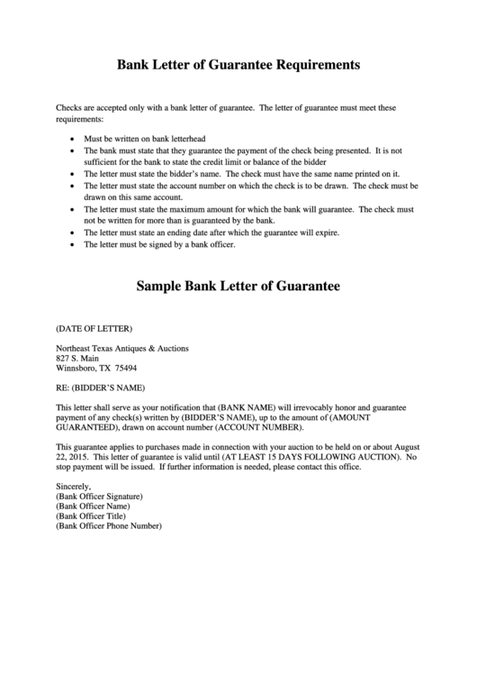 Sample Bank Letter Of Guarantee Printable pdf