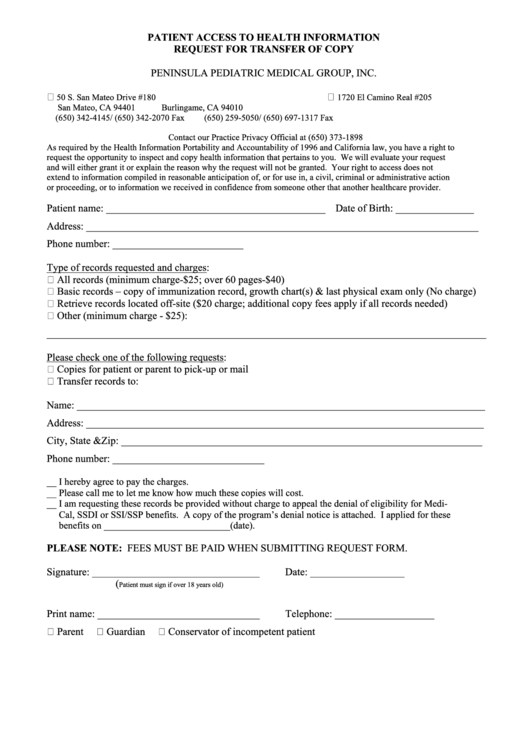 Patient Access To Health Information Request For Transfer Of Copy Form Printable pdf