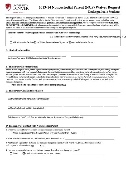 Fillable 2013-14 Noncustodial Parent (Ncp) Waiver Request Form Printable pdf