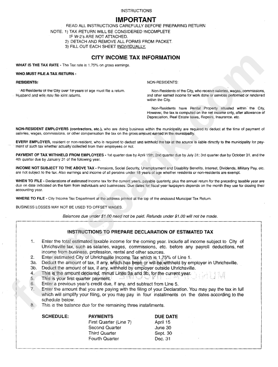 Instructions To Prepare Declaration Of Estimated Tax