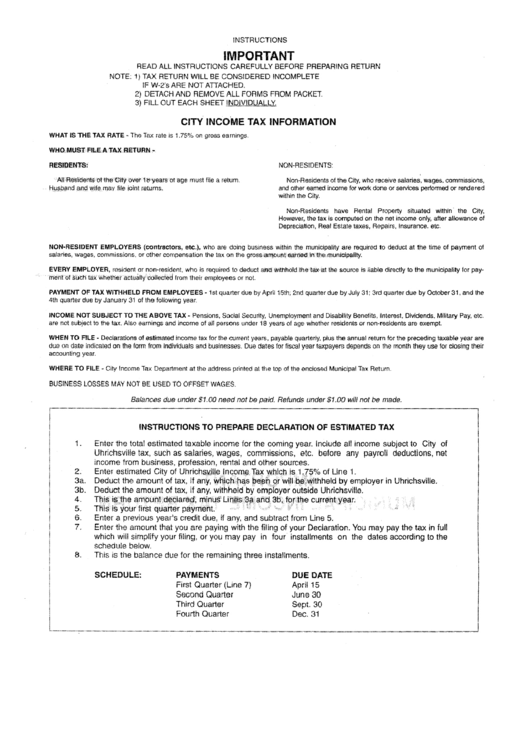 Instructions To Prepare Declaration Of Estimated Tax Printable pdf