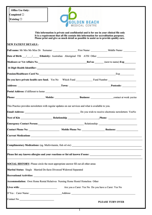 New Patient Health History Form Printable pdf