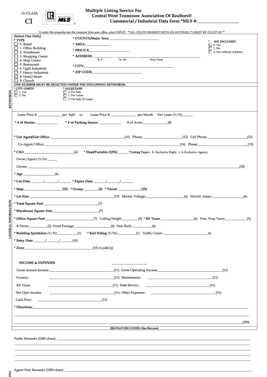 Commercial / Industrial Data Form Printable pdf