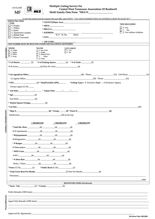 Multi Family Data Form Printable pdf