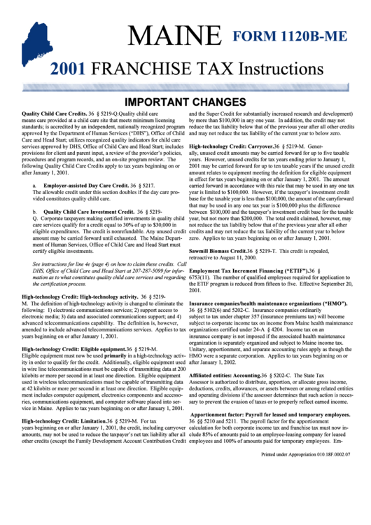 Form 1120b-Me - 2001 Franchise Tax Instructions Printable pdf