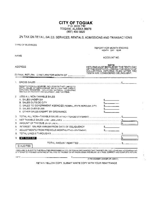 2% Tax On Retail Sales, Services, Rentals, Admission And Transactions Form - City Of Togiak Printable pdf