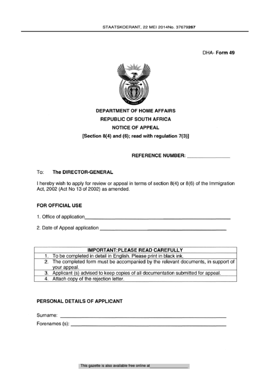 Dha- Form 49 - Notice Of Appeal - Department Of Of Home Affairs Printable pdf