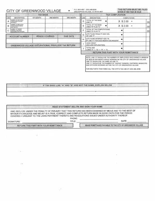 Sales / Use Tax Return Form - City Of Greenwood Village Printable pdf