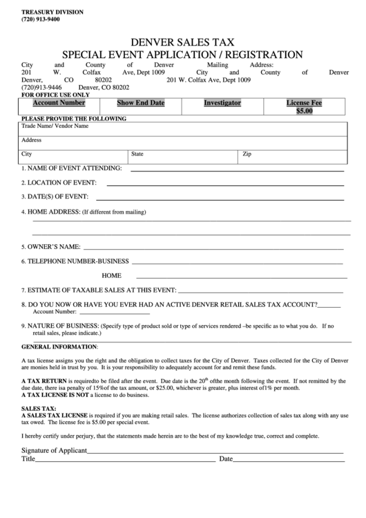 Denver Sales Tax Special Event Application / Registration - Treasury Division Printable pdf