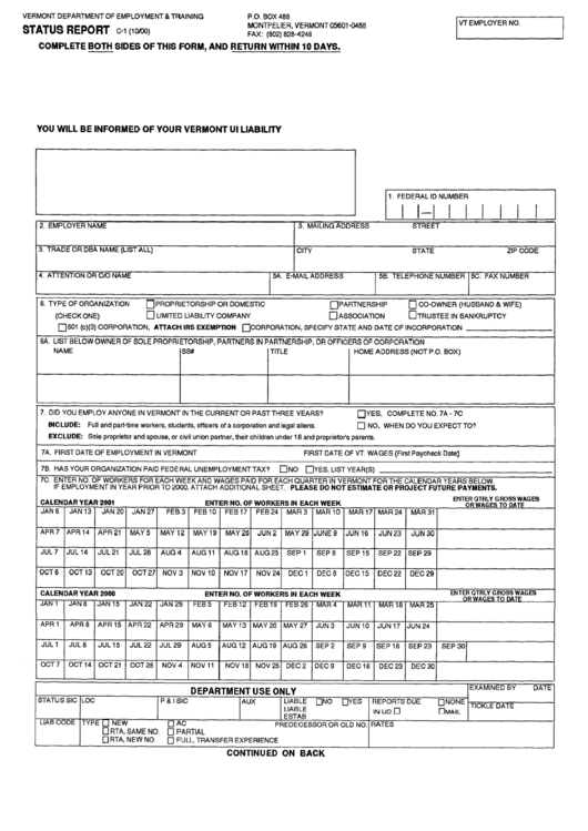 Form C-1 - Status Report - State Of Vermont Printable pdf