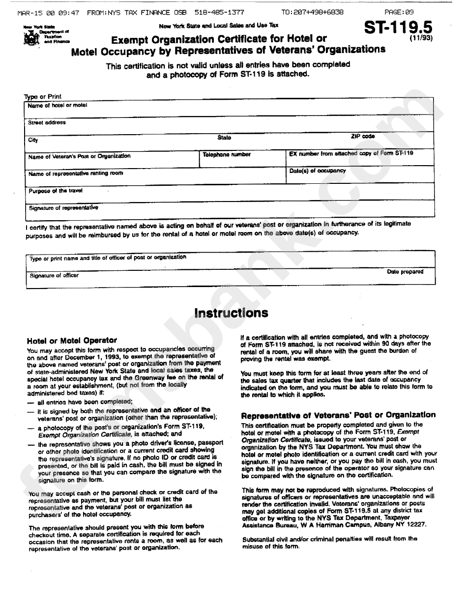 Form St-119.5 - Exempt Organization Certificate For Hotel Or Motel Occupancy By Representatives Of Veterans