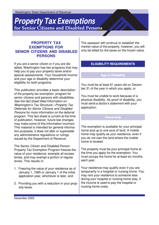 Property Tax Exemptions For Senior Citizens And Disabled Persons - Washington State Department Of Revenue Printable pdf