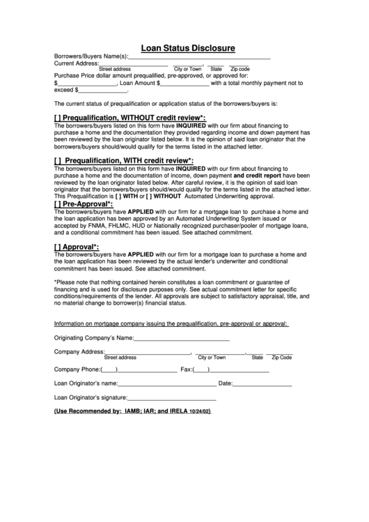 Fillable Loan Status Disclosure Form Printable pdf
