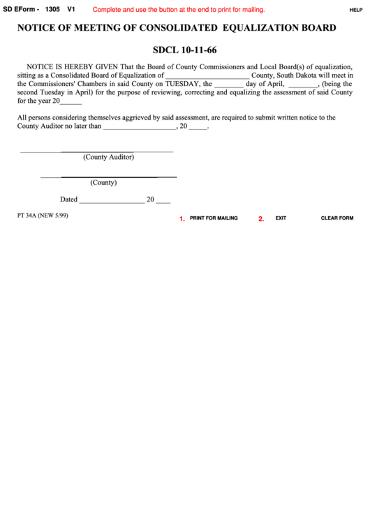 Fillable Form Pt 34a - Notice Of Meeting Of Consolidated Equalization Board Printable pdf