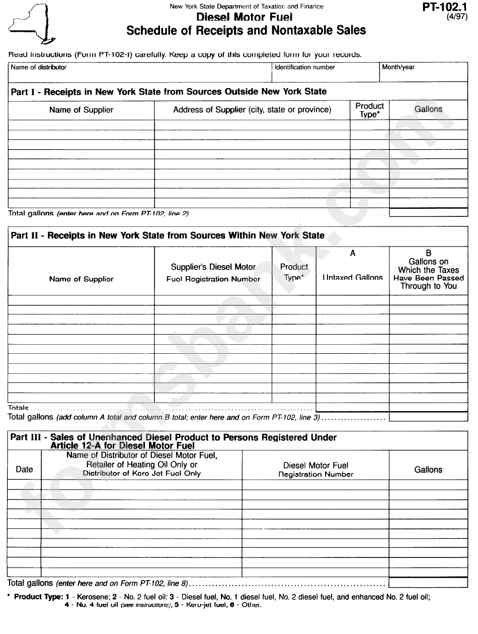 Form Pt-102.1 - Diesel Motor Fuel Schedule Of Receipts And Nontaxable Sales - State Of New York