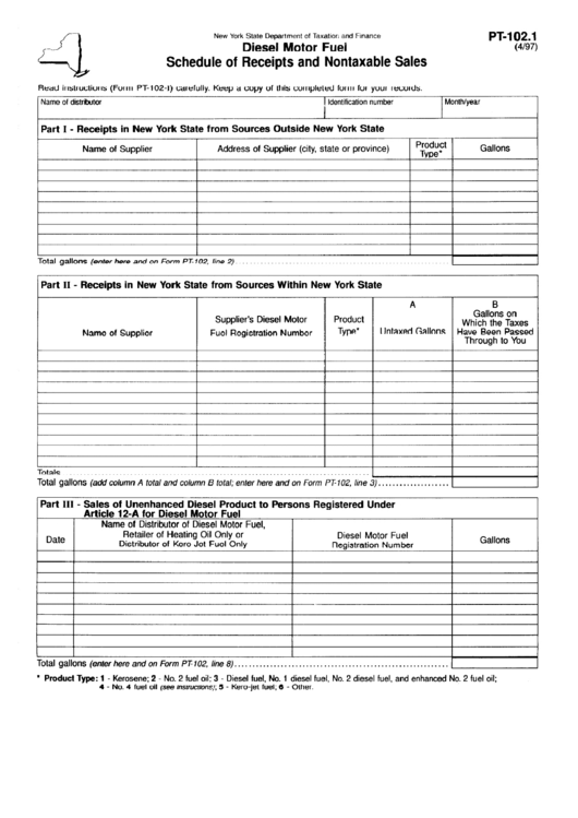 Form Pt-102.1 - Diesel Motor Fuel Schedule Of Receipts And Nontaxable Sales - State Of New York Printable pdf