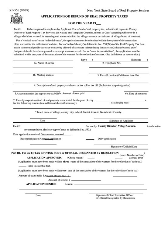 Form Rp-556 - Application For Refund Of Real Property Taxes - 1997 Printable pdf