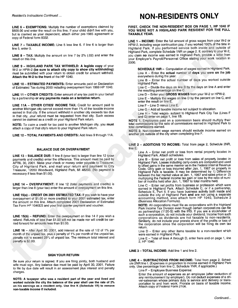 Form Hp 1040 - Individual Return 2000 Instructions - City Of Highland Park