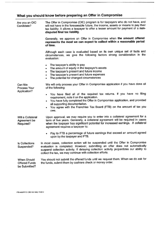 Form Ftv 4905pit C1 - Offer In Compromise Application 1999 Printable pdf
