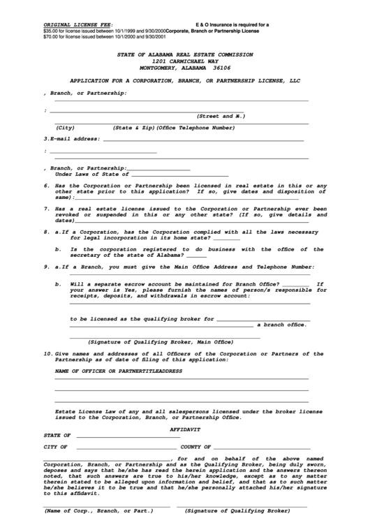 Application For A Corporation, Branch, Or Partnership License, Llc - Alabama Real Estate Commission Printable pdf