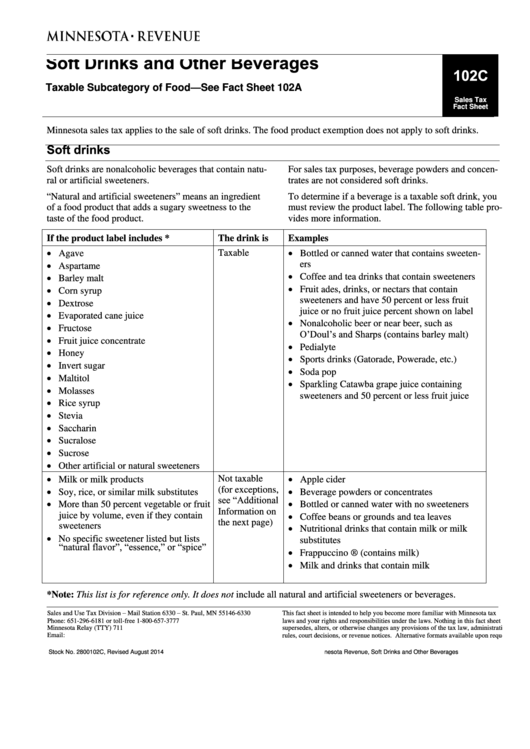 Form 102c - Soft Drinks And Other Beverages Fact Sheet Printable pdf