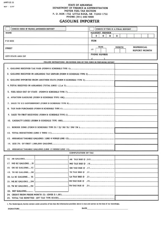 Form Amft-22 - Gasoline Importer Printable pdf