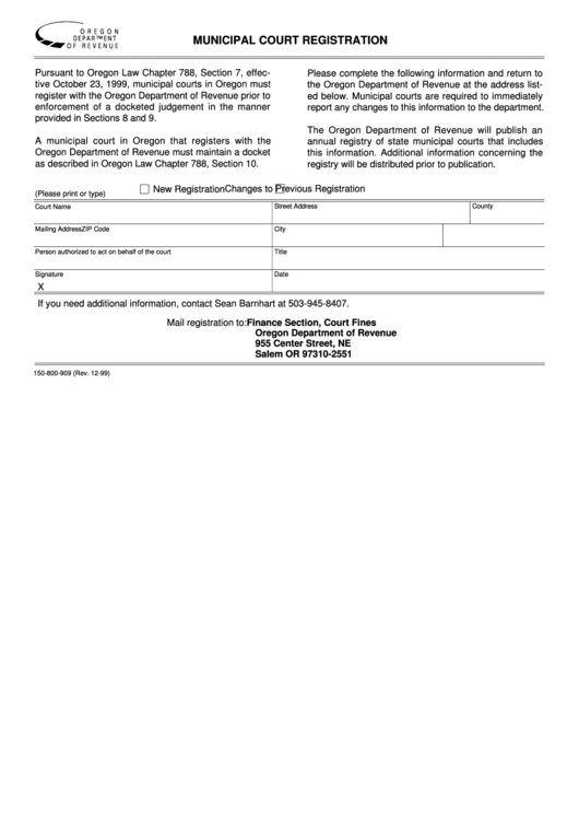 Form 150-800-909 - Municipal Court Registration - State Of Oregon Printable pdf