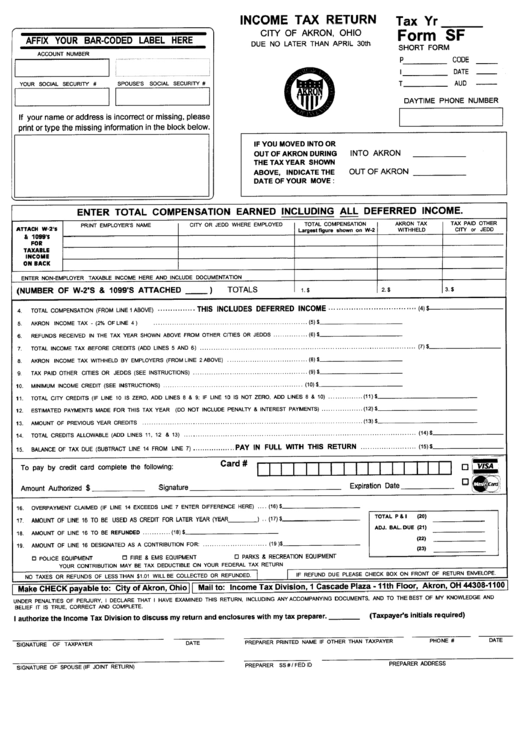 Form Sf - Income Tax Return - City Of Akron Printable pdf