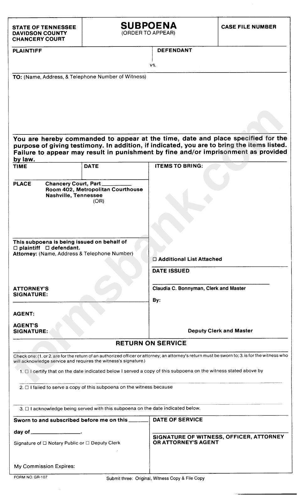Form Gr-107 - Subpoena - State Of Tennessee