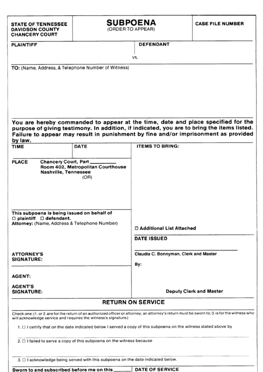 Form Gr-107 - Subpoena - State Of Tennessee Printable pdf