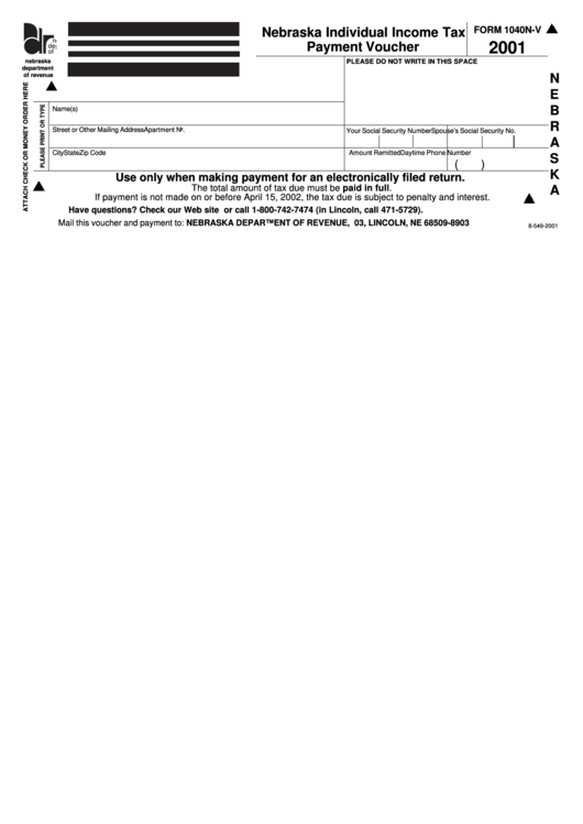 Form 1040n-V - Nebraska Individual Income Tax Payment Voucher 2001 Printable pdf