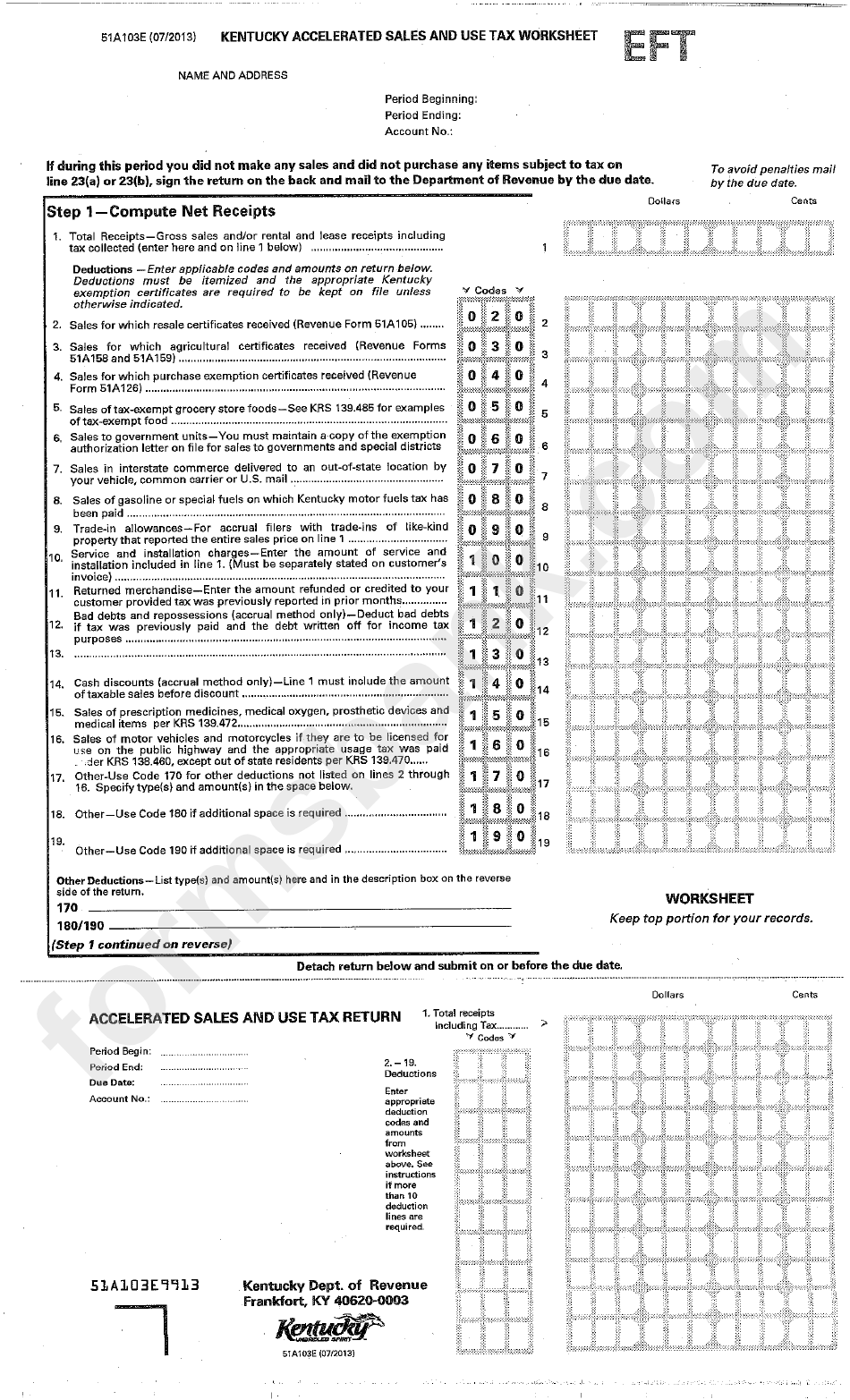 Form 51a103e - Kentucky Accelerated Sales And Use Tax Worksheet