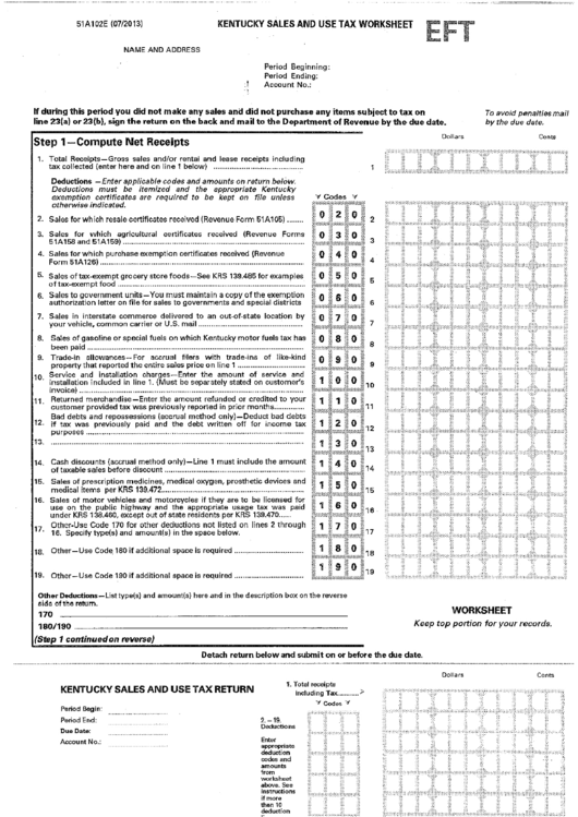 Form 51a102e - Kentucky Sales / Use Tax Worksheet Printable pdf