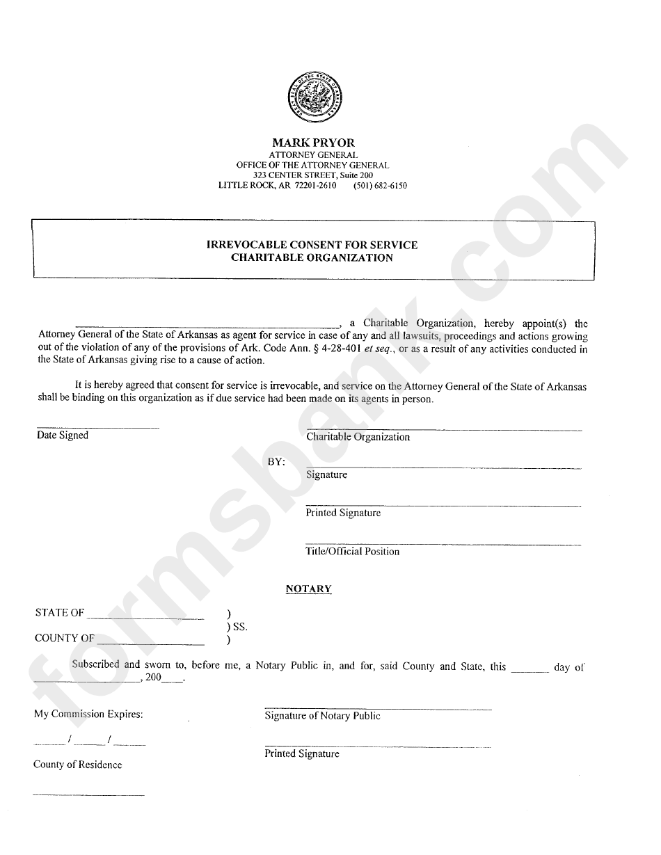 Irrevocable Consent For Service Charitable Organization Form