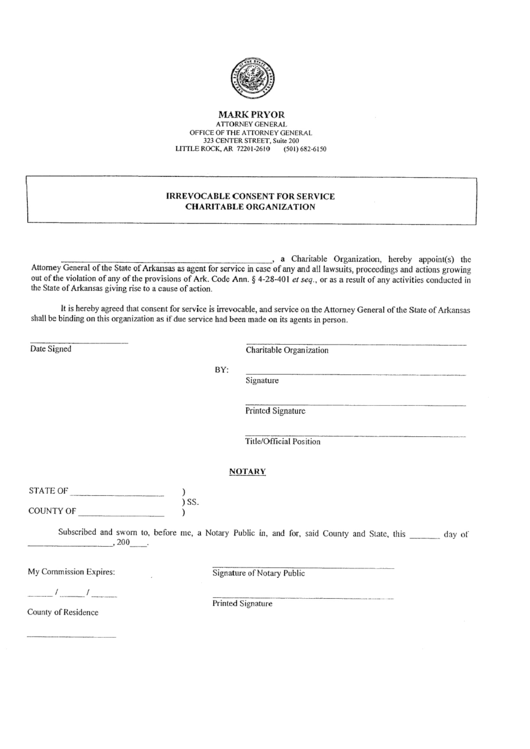 Irrevocable Consent For Service Charitable Organization Form Printable pdf