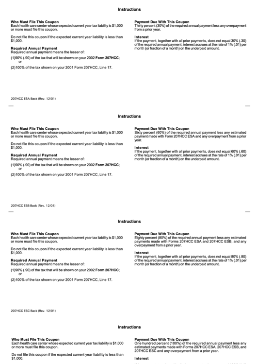 Form 207hcc Esc -Estimated Health Care Center Tax Payment Coupon - Instructions Printable pdf