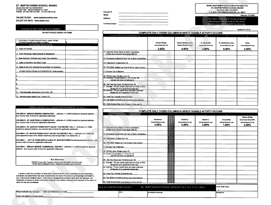 Sales / Use Tax Report Form - St. Martin Parish