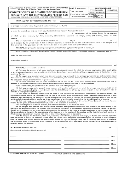 Bond For Spirits, Or Denatured Spirits Or Rum Brought Into The United States Free Of Tax Form Printable pdf