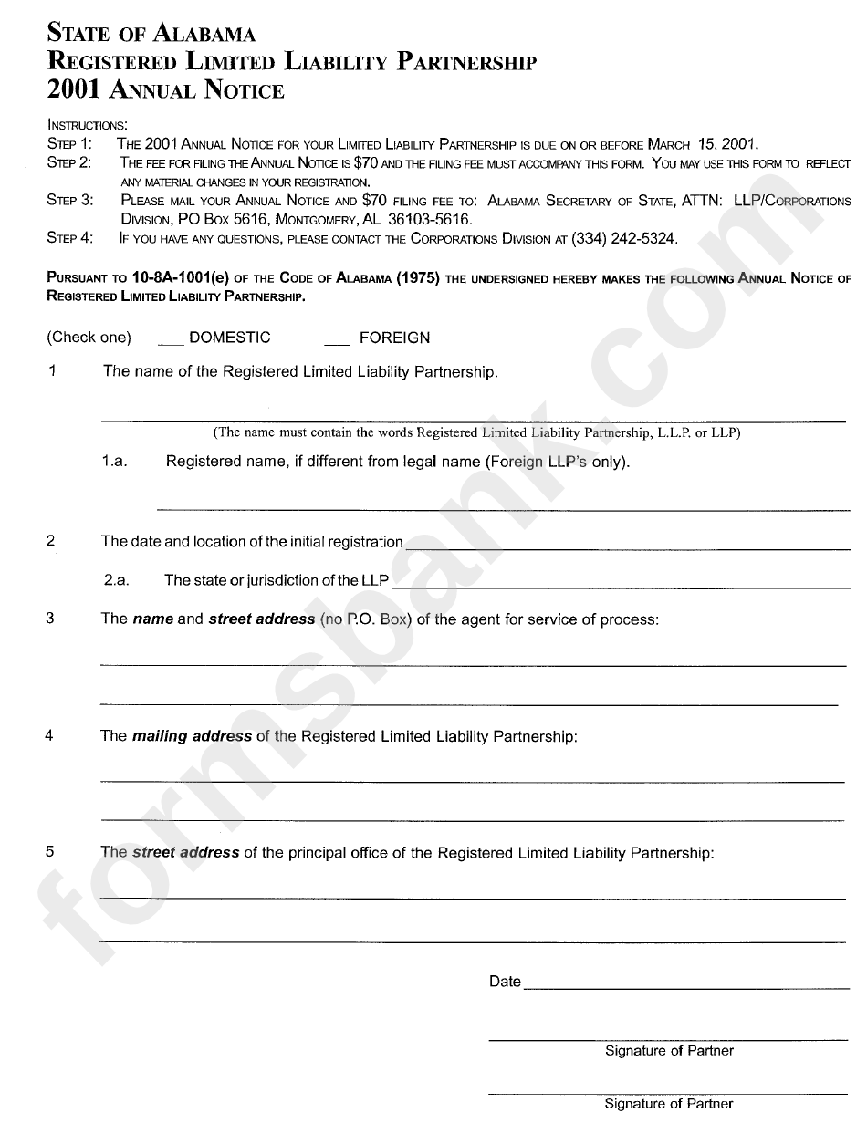 Registered Limited Liability Partnership 2001 Annual Notice Form